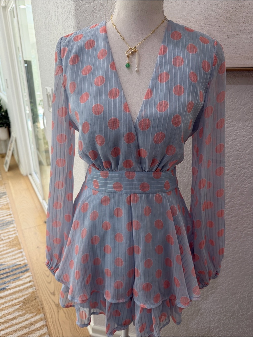 Light Blue & Coral Polka Dot Romper – V-Neck Long Sleeve